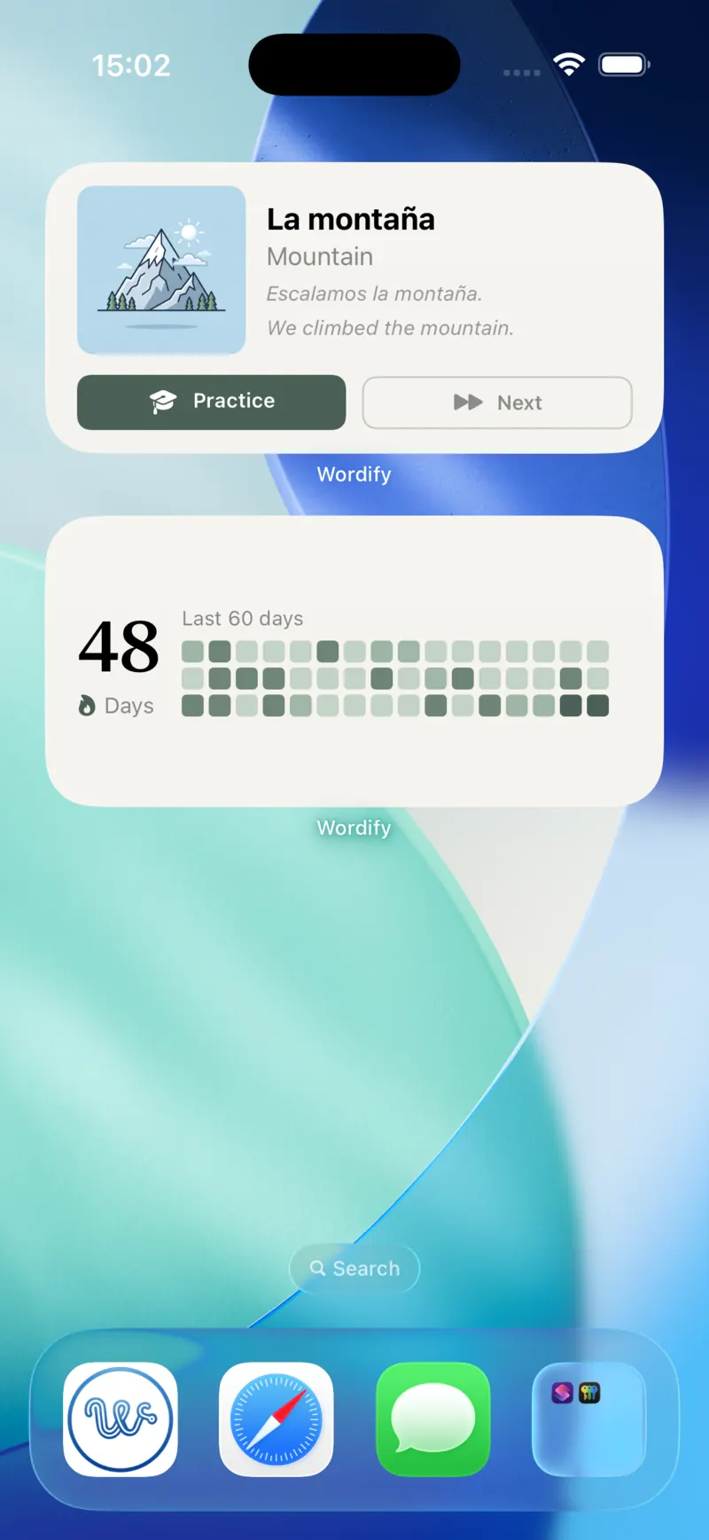 iPhone home screen with a Wordify word widget above a medium streak widget