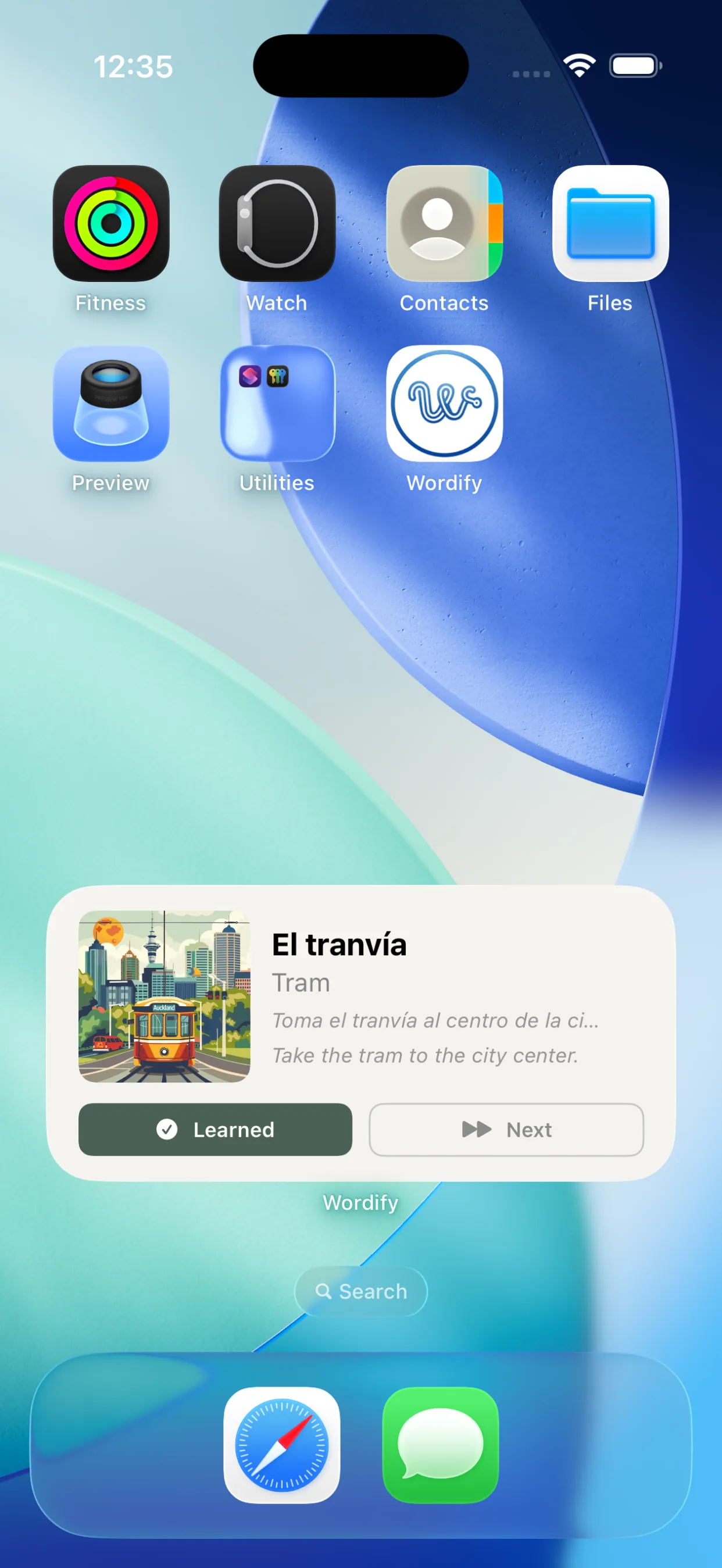 iOS home screen with Wordify widget