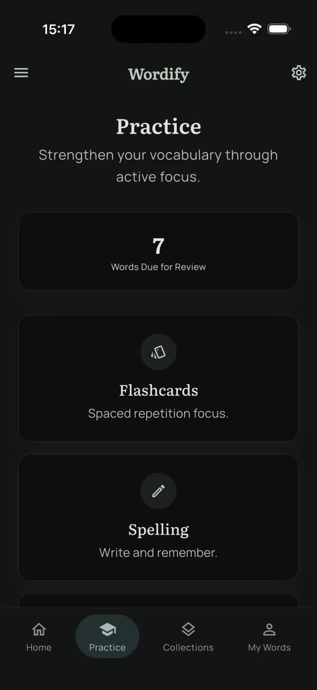 Practice tab, dark theme