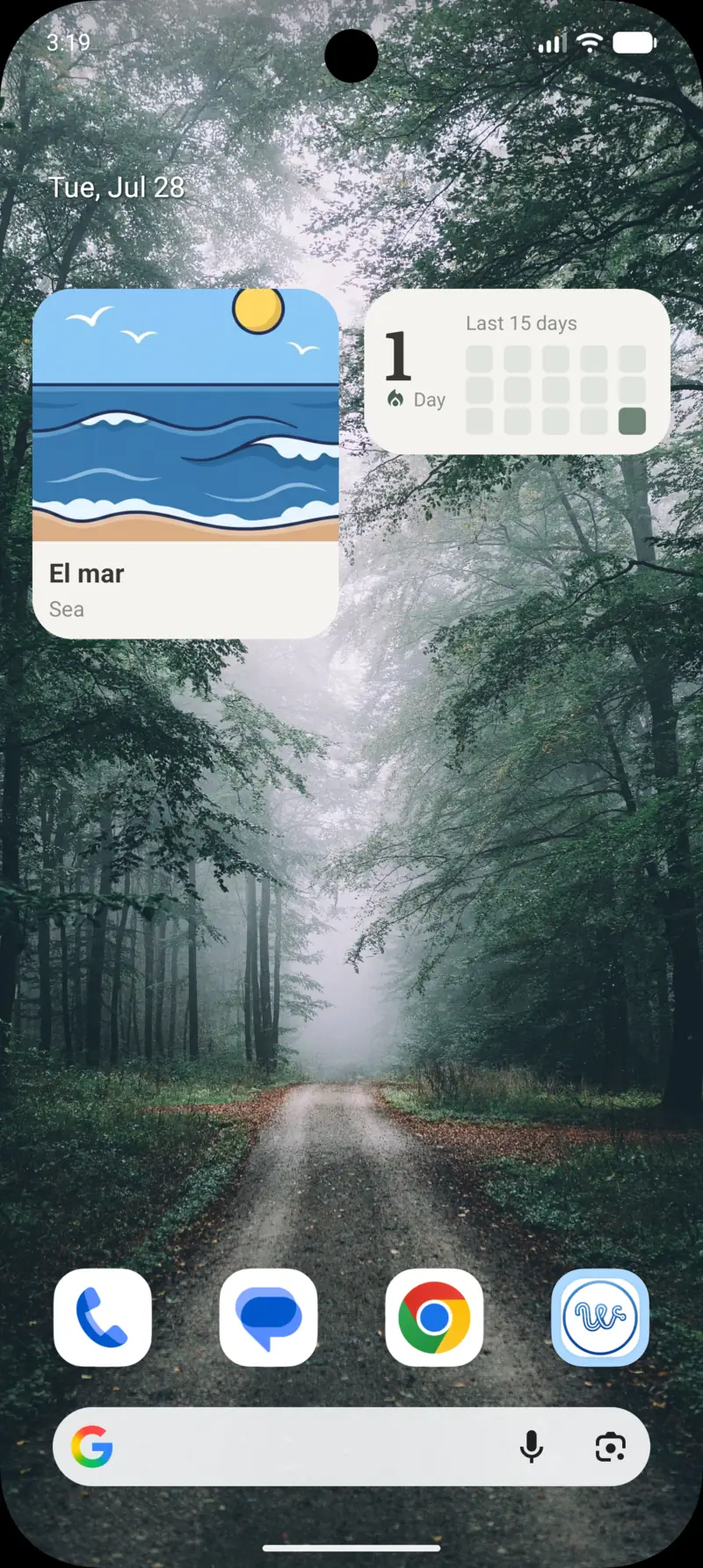 Narrow Android streak widget showing the last 15 days
