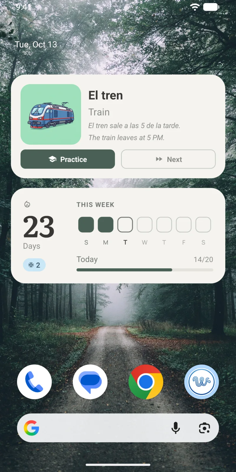 Android home screen with a Wordify word widget showing El tren - Train above a weekly streak widget with a 23-day streak
