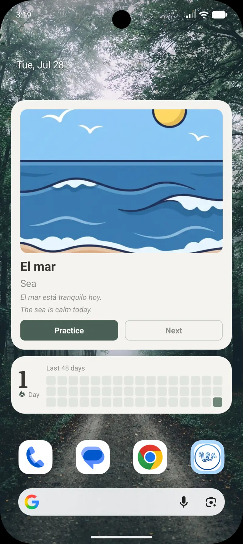 Android home screen with a large Wordify word widget and a streak widget below it