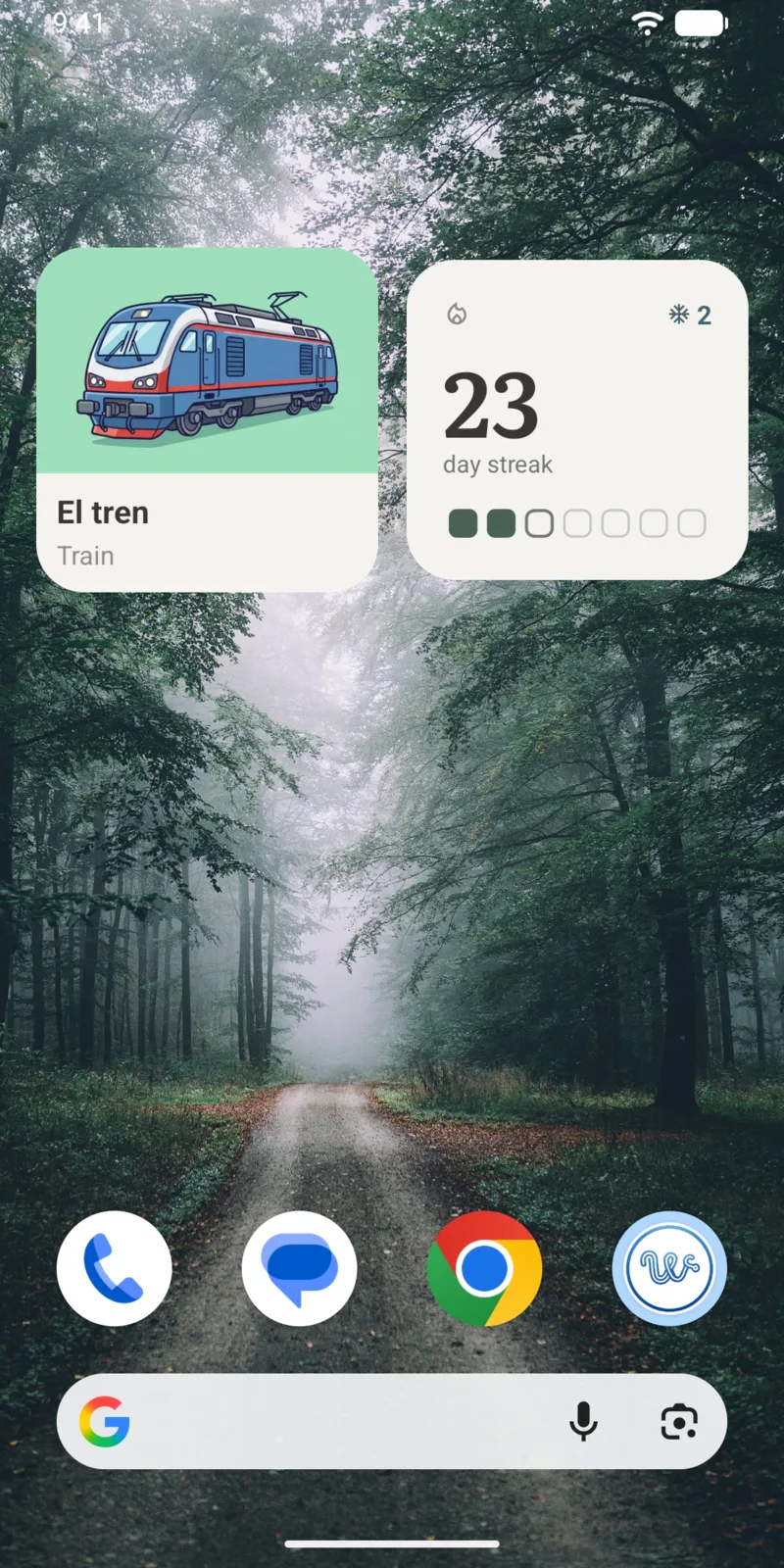Android home screen with a small Wordify word widget and a small streak widget side by side