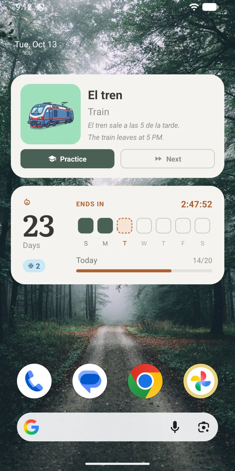 Android home screen in the evening with the streak widget counting down 2:47:52 to midnight