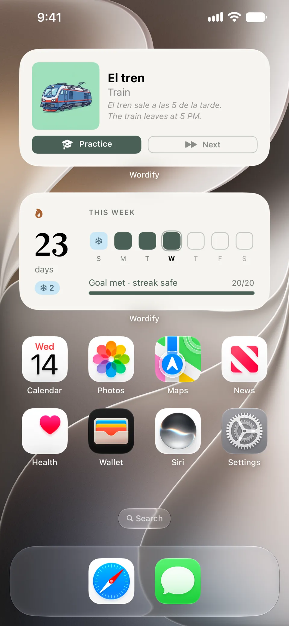 iPhone Home Screen - Wordify word widget and weekly streak widget