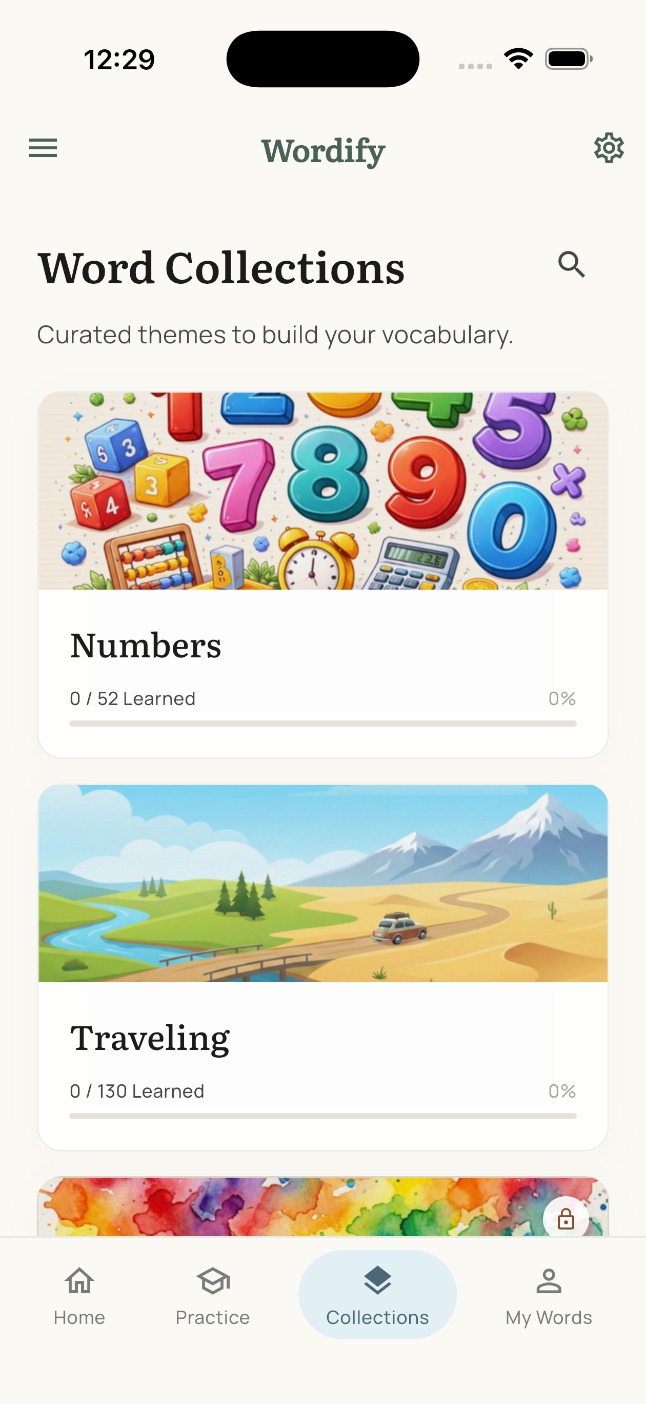 Wordify's Word Collections screen showing curated themes like Numbers and Traveling