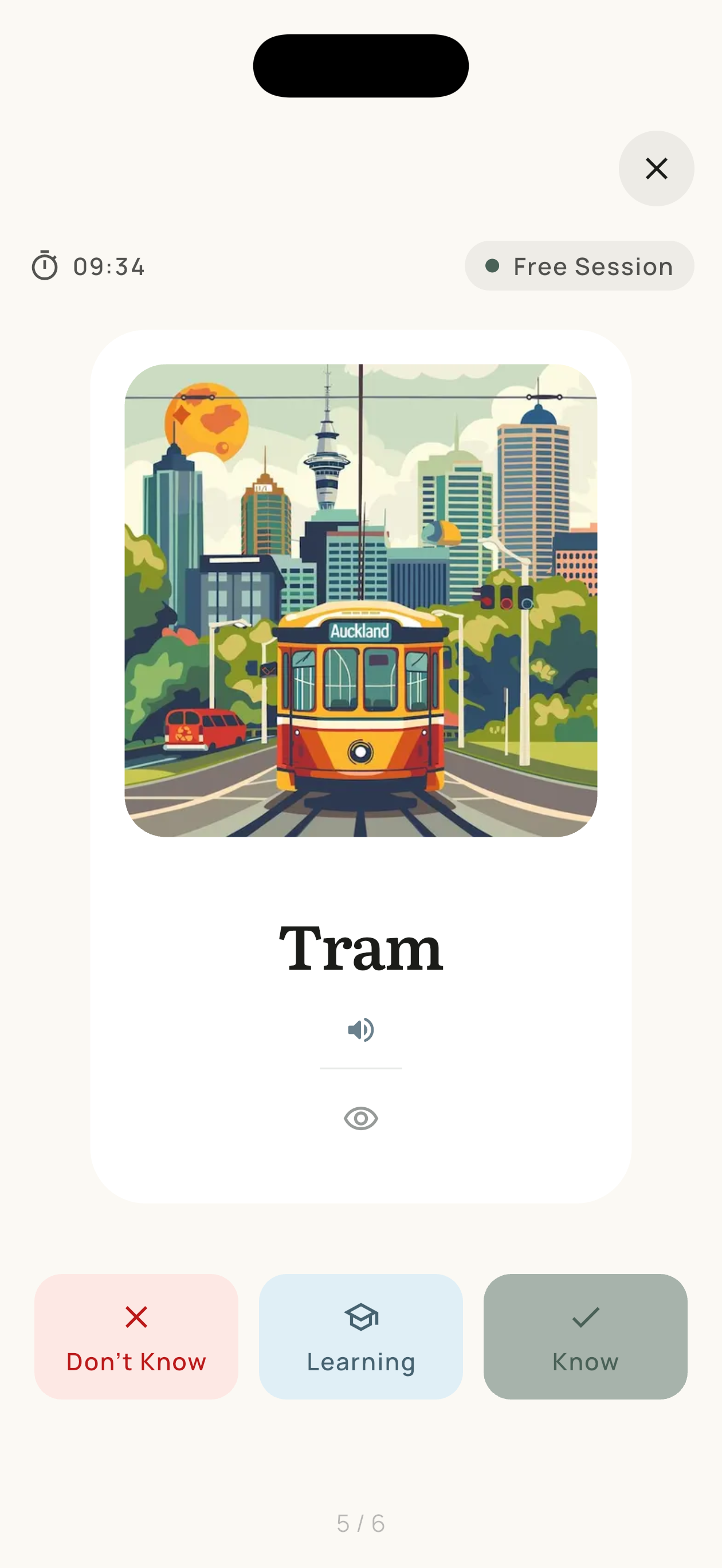 A Wordify flashcard for the word Tram with Don't Know, Learning, and Know buttons