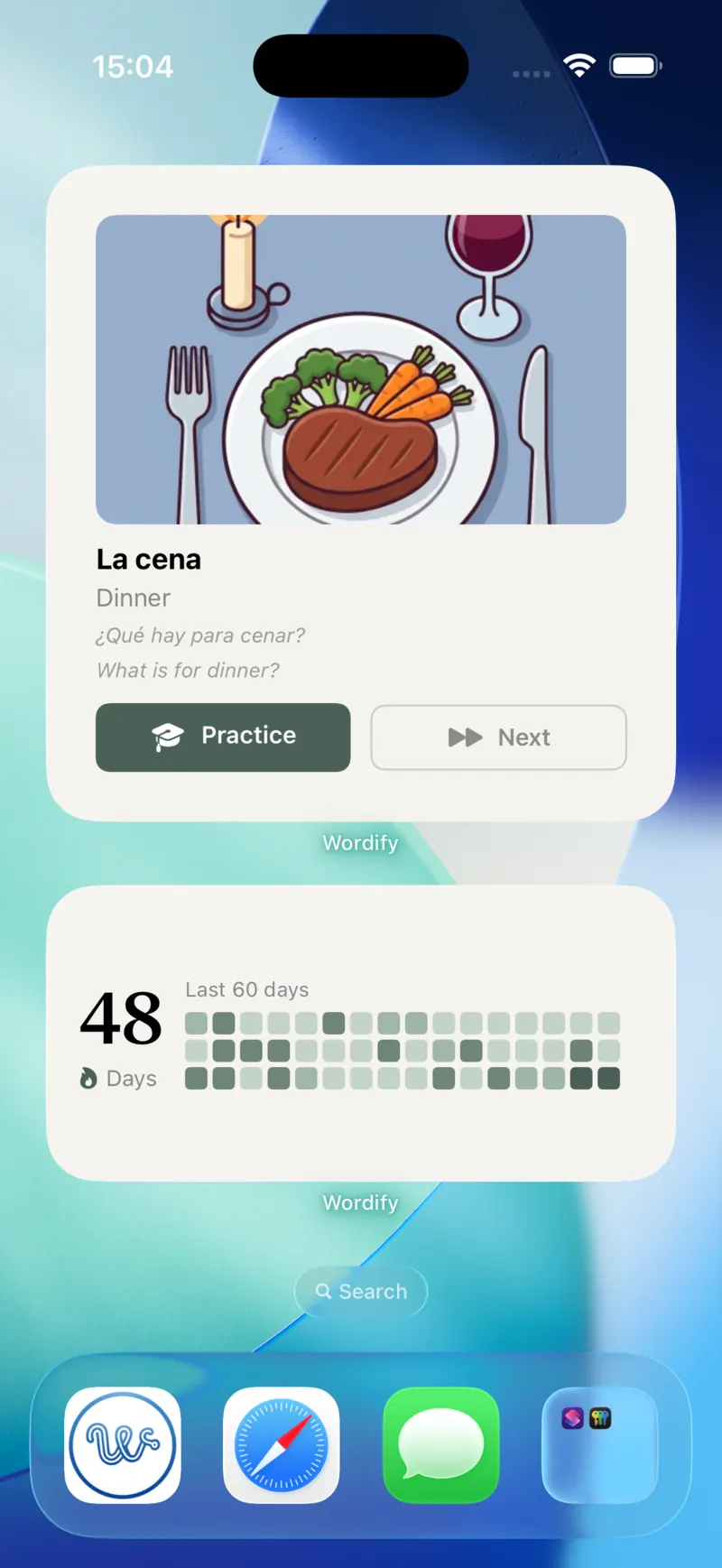 iOS home screen showing a Wordify word widget with Practice and Next buttons