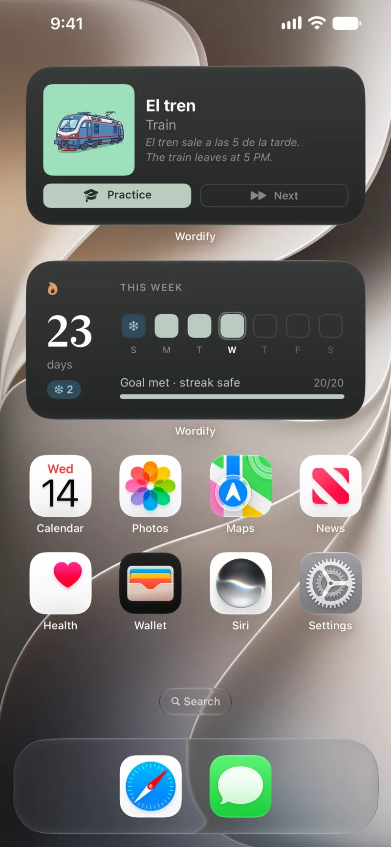 The same two Wordify widgets on an iPhone home screen in dark mode