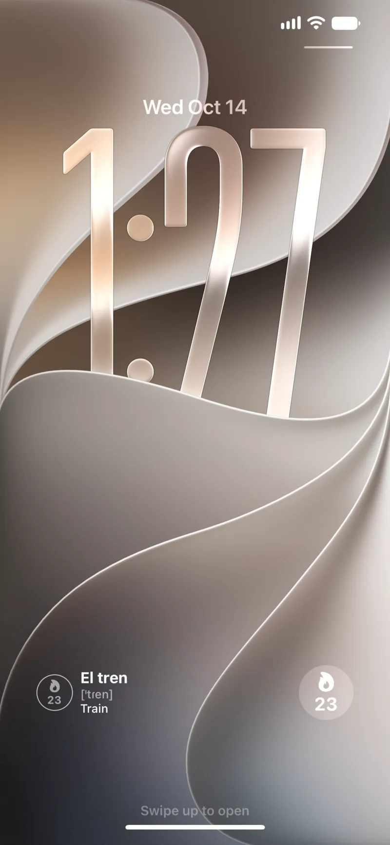 iPhone lock screen with a Wordify word widget and a circular streak widget showing 23 days