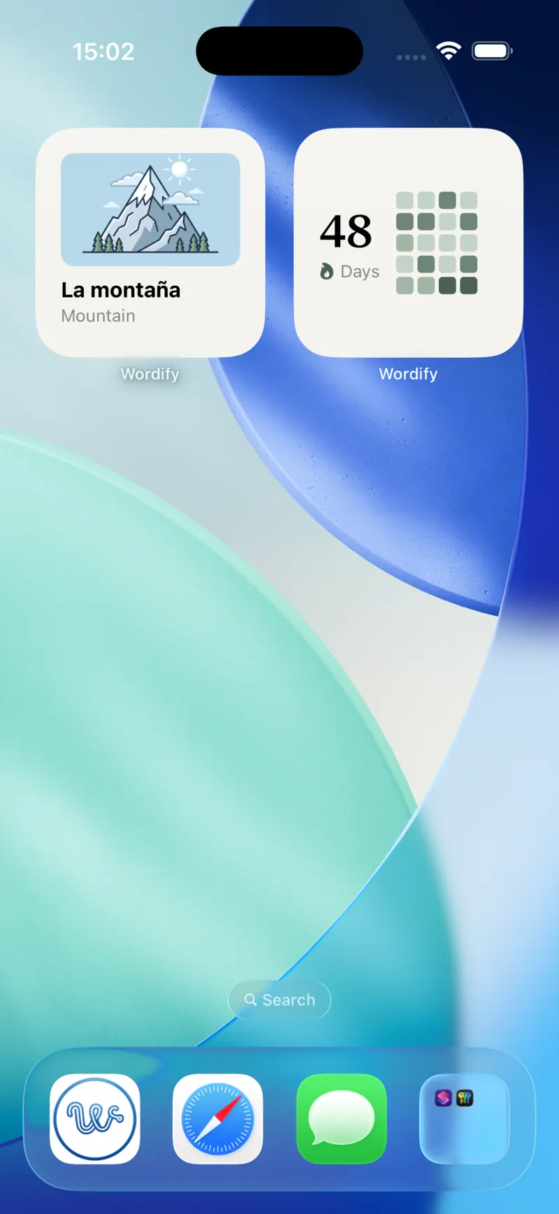 iPhone home screen with small Wordify word and streak widgets side by side