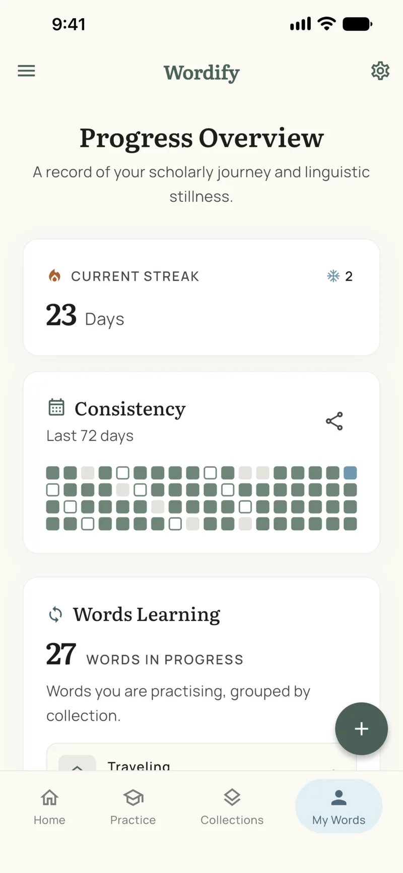 My Words screen showing a 23-day streak with 2 Streak Freezes and the consistency heatmap, with outlined squares for days under the goal