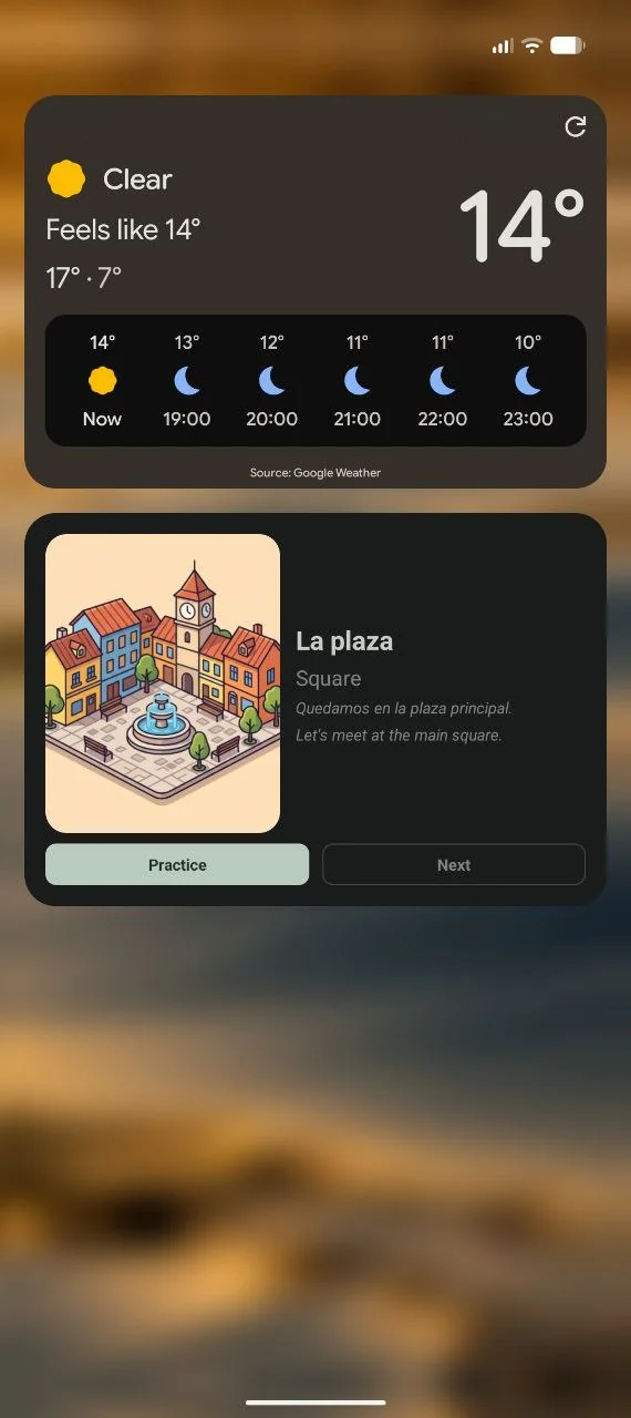 Pixel lock screen on Android 17 with a weather widget and a Wordify widget below it showing La plaza, its translation Square, and an example sentence