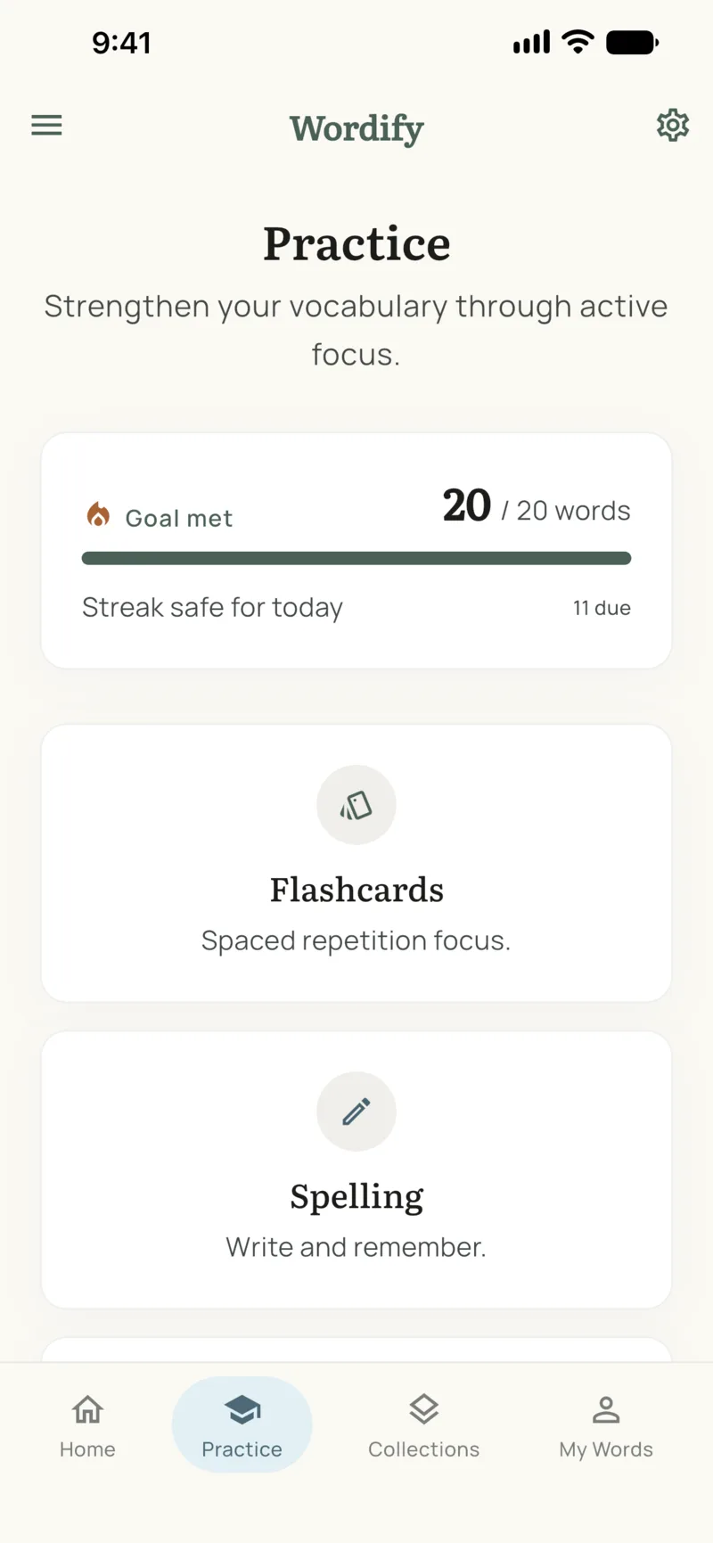 The Practice tab showing Goal met, 20 of 20 words, and Streak safe for today above the training modes