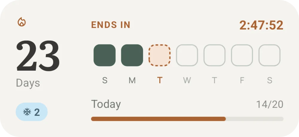 The streak widget in the evening: Ends in 2:47:52, today's tile dashed in orange, and today at 14 of 20 words