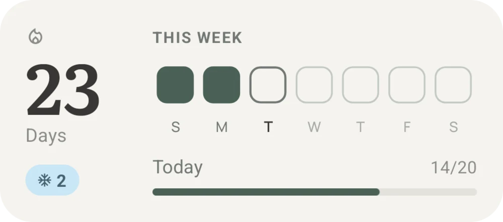 Close-up of the Wordify streak widget: 23 days, this week's days, and today's goal at 14 of 20 words