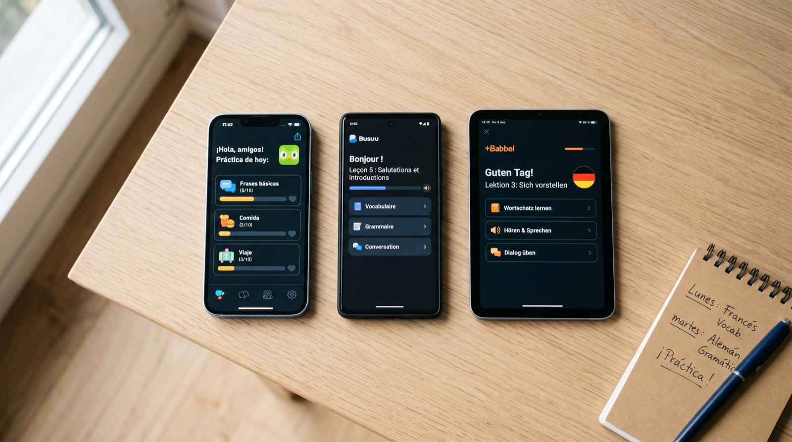 Phone screens of several language learning apps laid out in a flat grid on a wooden desk, with a notebook and pen beside them.