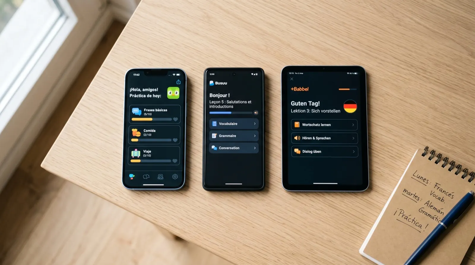 Phone screens of several language learning apps laid out in a flat grid on a wooden desk, with a notebook and pen beside them.