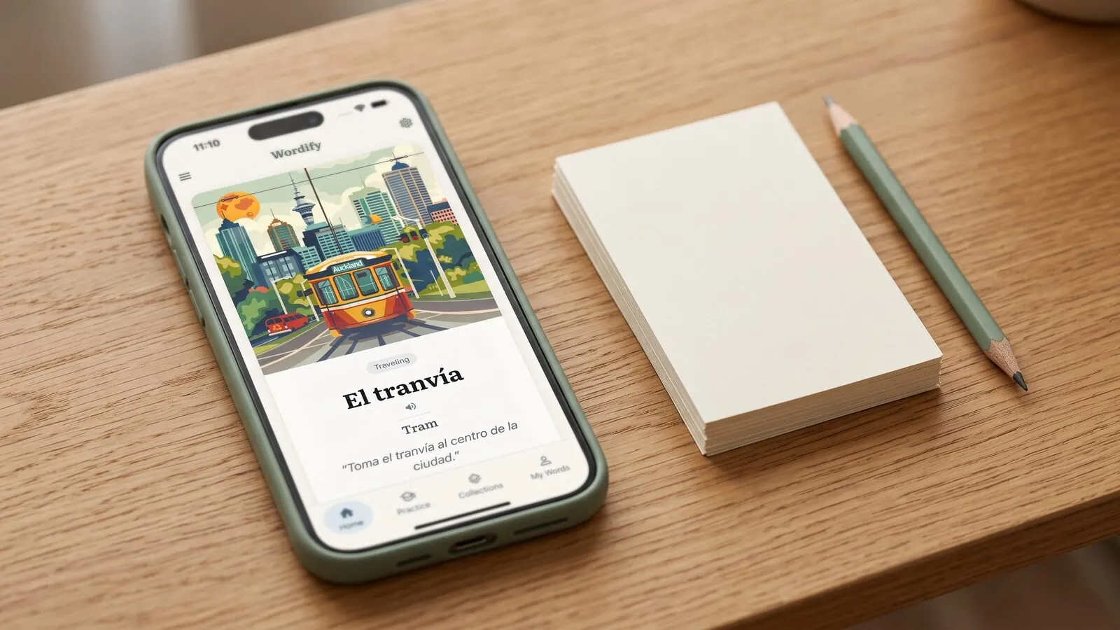 A stack of flashcards next to a phone showing a vocabulary review session, illustrating active recall versus passive re-reading