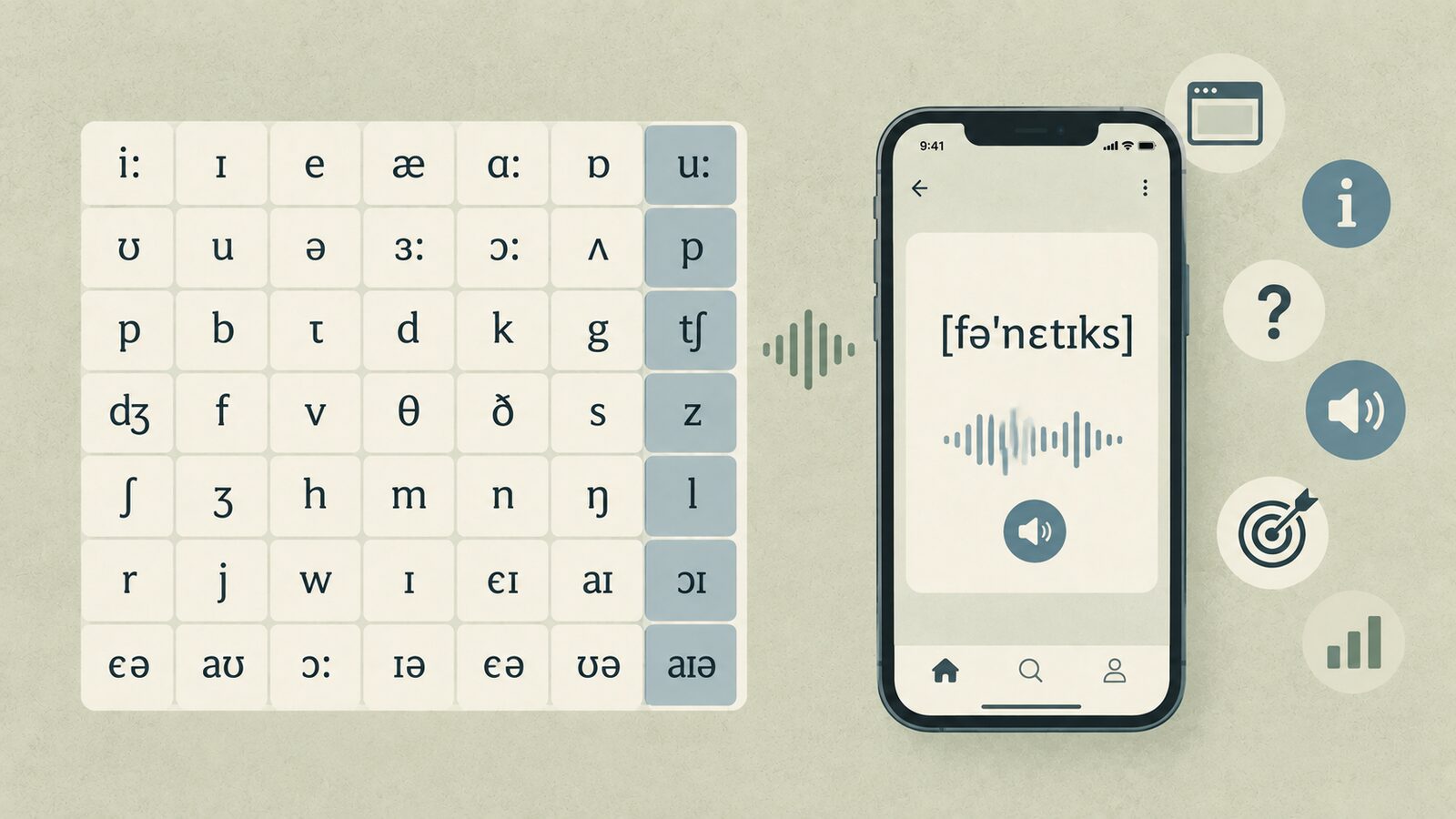 A reference chart of English IPA symbols with example words, shown next to a phone displaying a word with its phonetic transcription