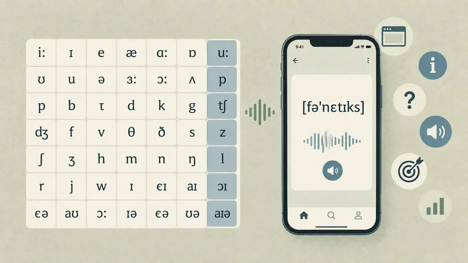 A reference chart of English IPA symbols with example words, shown next to a phone displaying a word with its phonetic transcription