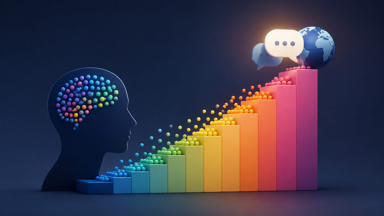 A head with a colorful brain beside a rising staircase of rainbow bars leading up to speech bubbles and a globe — a growing vocabulary building toward the ability to speak a language