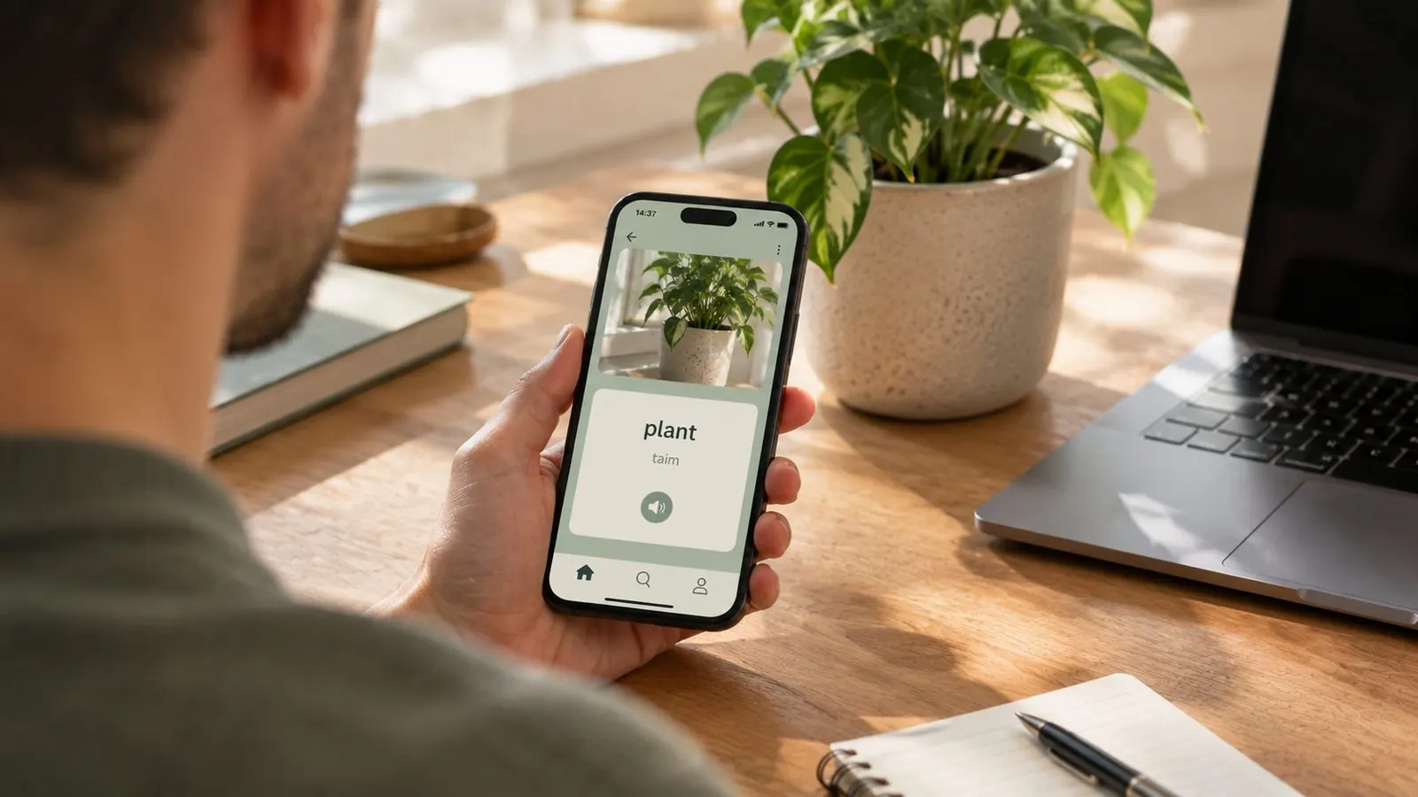 A hand holding a phone at a wooden desk, the screen showing a vocabulary card for a house plant: its photo, the word and its translation