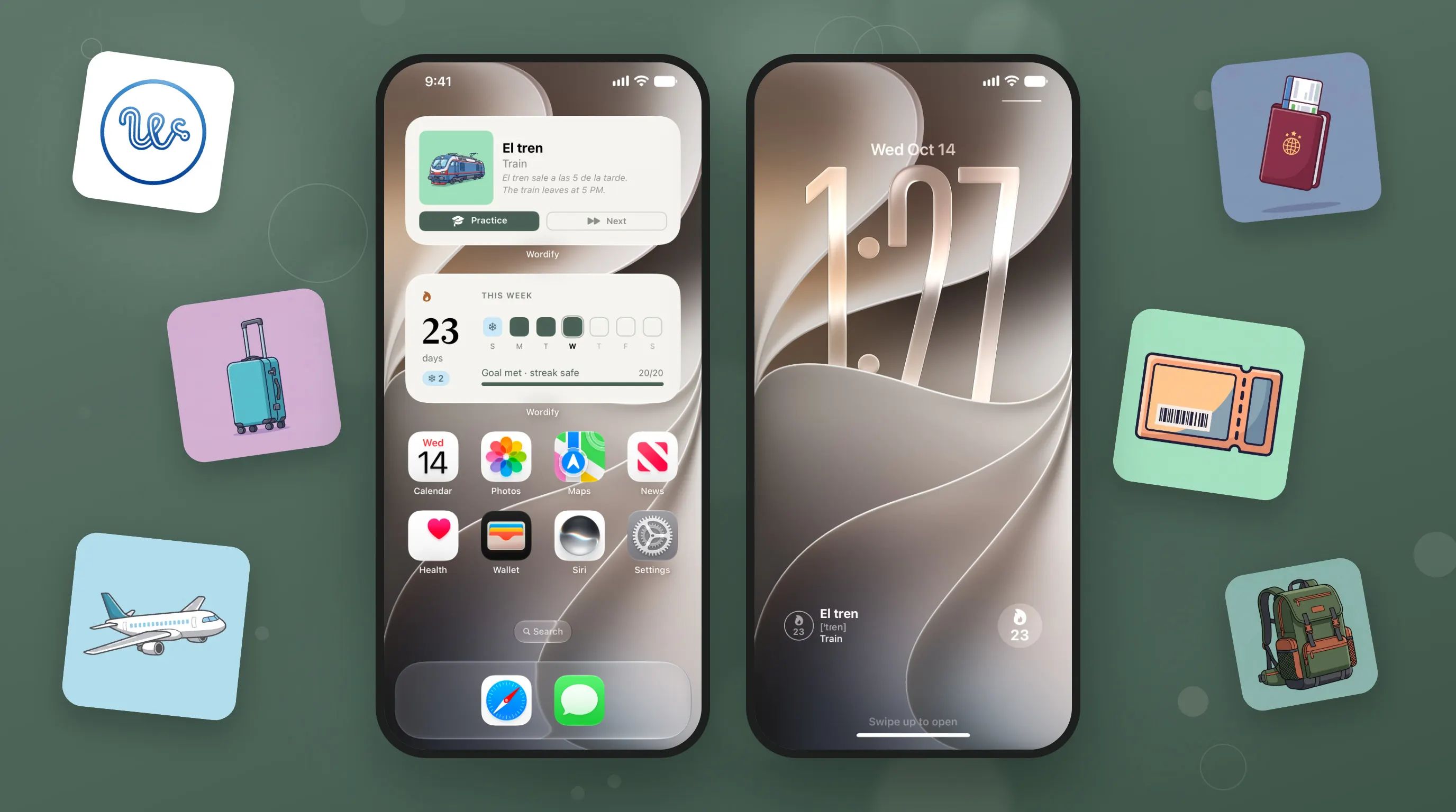 Two iPhones on a green background: a home screen with a Wordify word widget and a weekly streak widget, and a lock screen with Wordify widgets