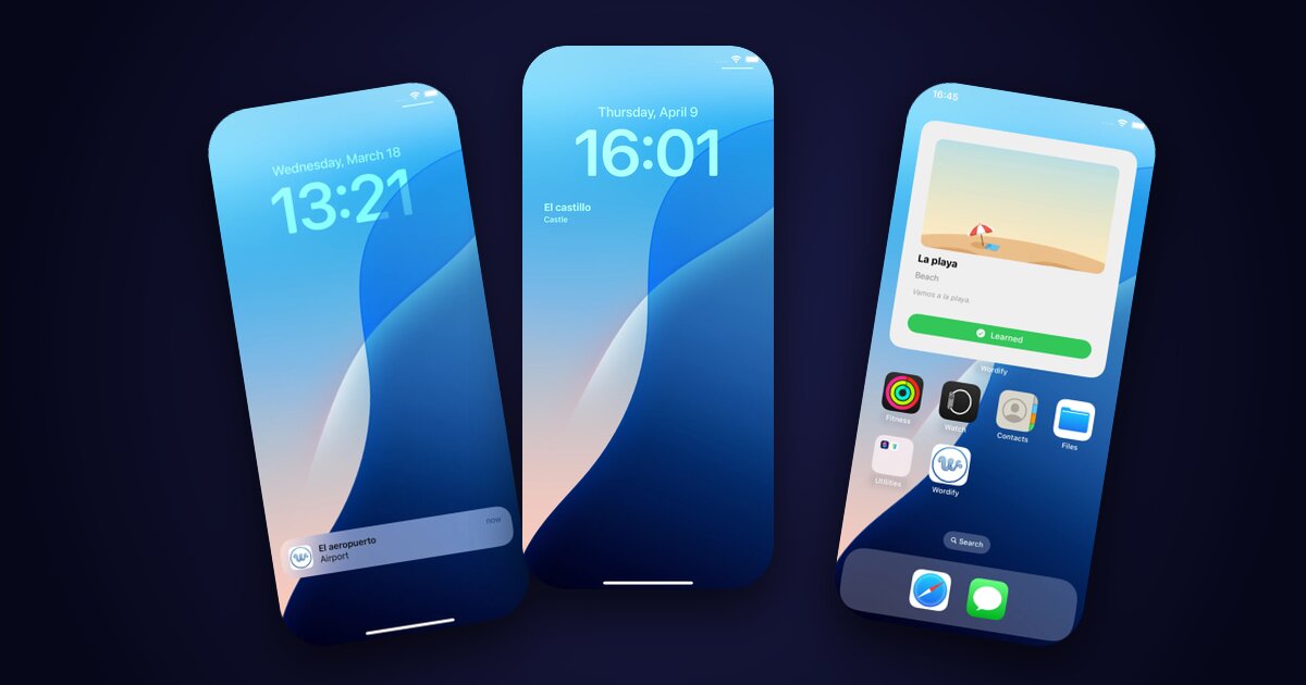 Two iPhones side by side - a lock-screen vocabulary widget and a home-screen widget