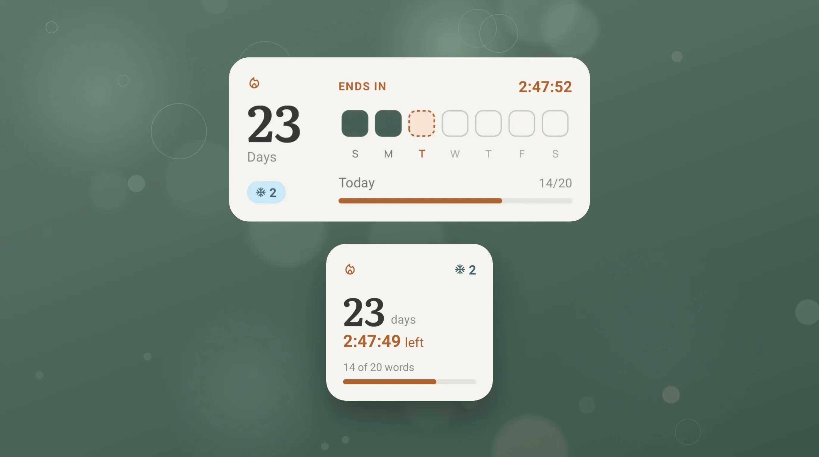 Wordify streak widgets in medium and small sizes in the evening: a 23-day streak, the countdown to midnight, and today at 14 of 20 words