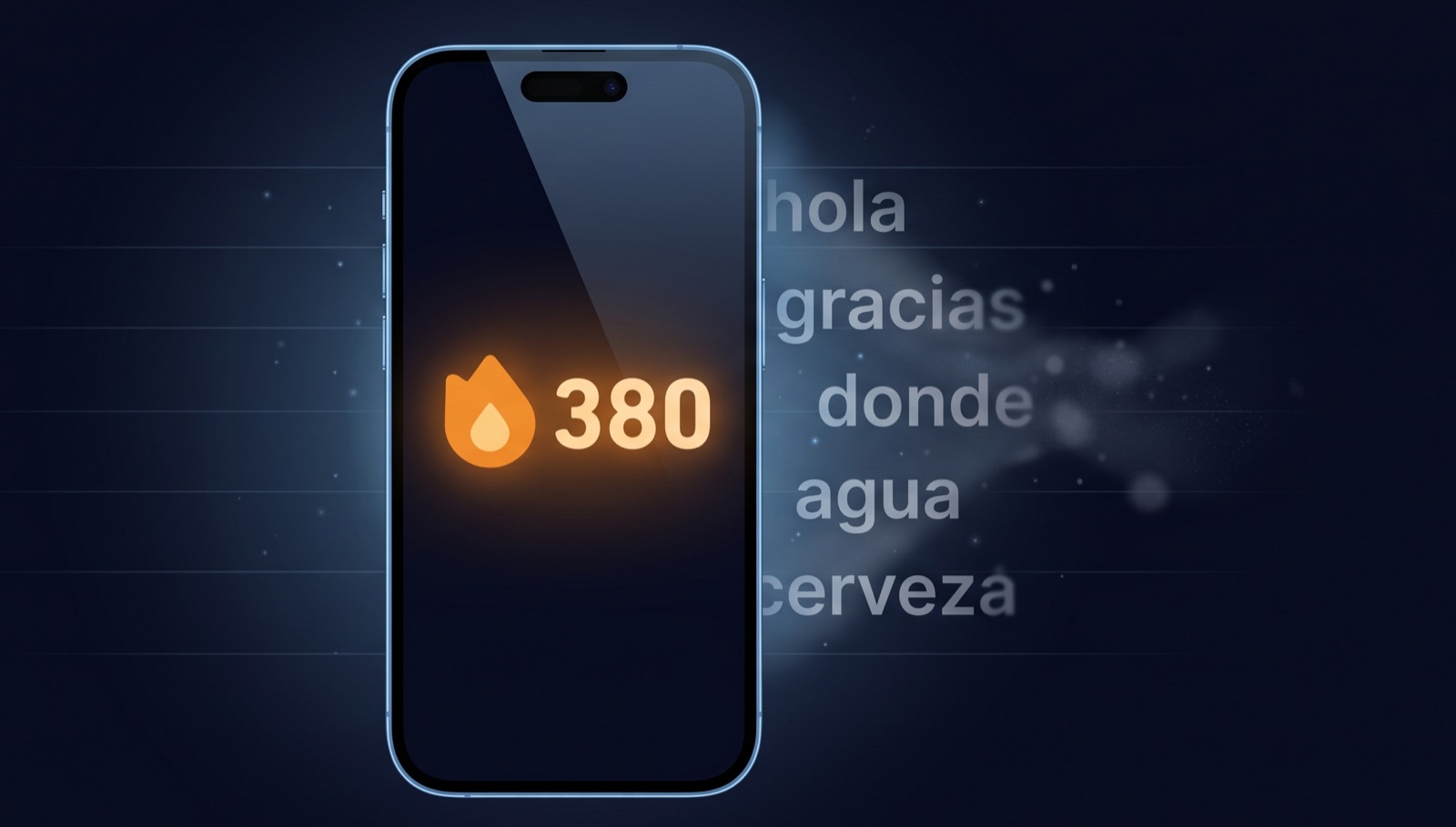 A streak counter on a phone, with vocabulary words drifting away - the gap between engagement and retention