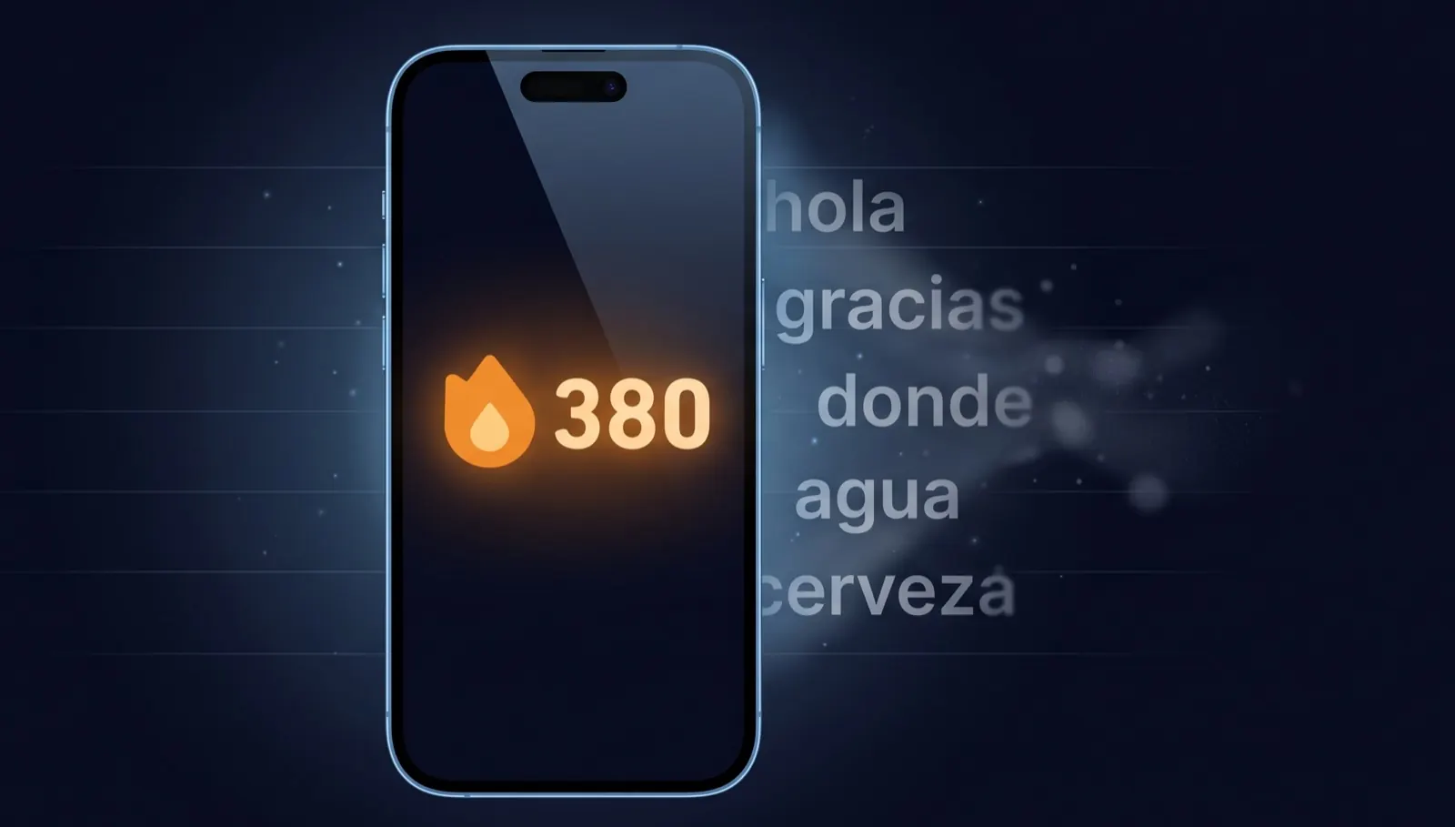 A streak counter on a phone, with vocabulary words drifting away - the gap between engagement and retention