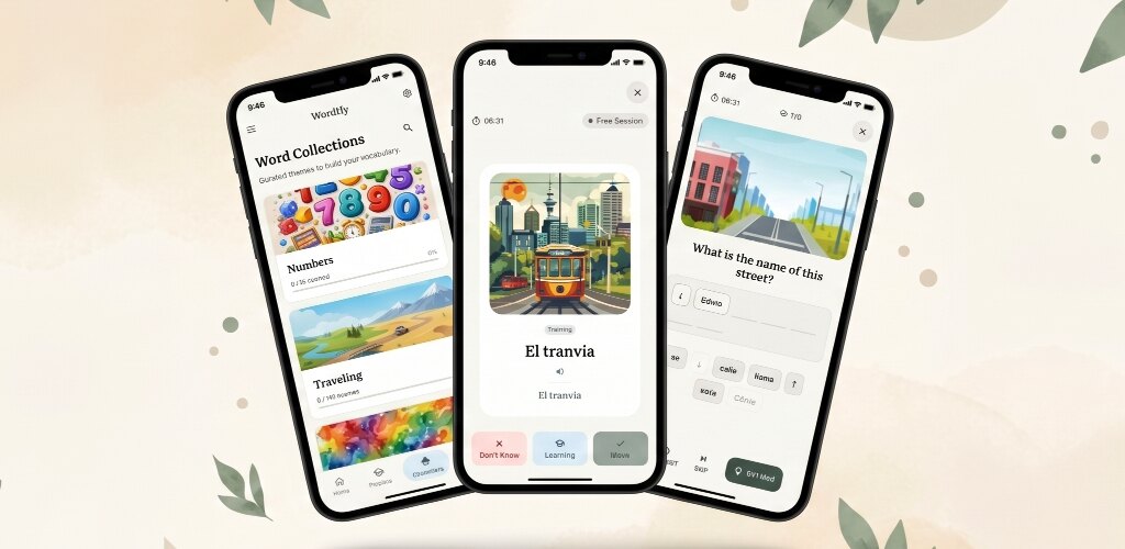 Three iPhones showing the new Wordify 2.0 design with cream backgrounds, sage green accents, and serif typography